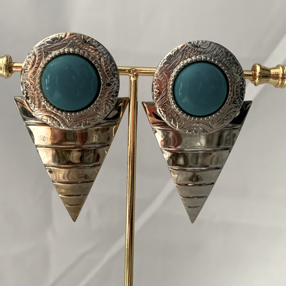 Vintage! 1980’s Silver & Teal Metal Earrings